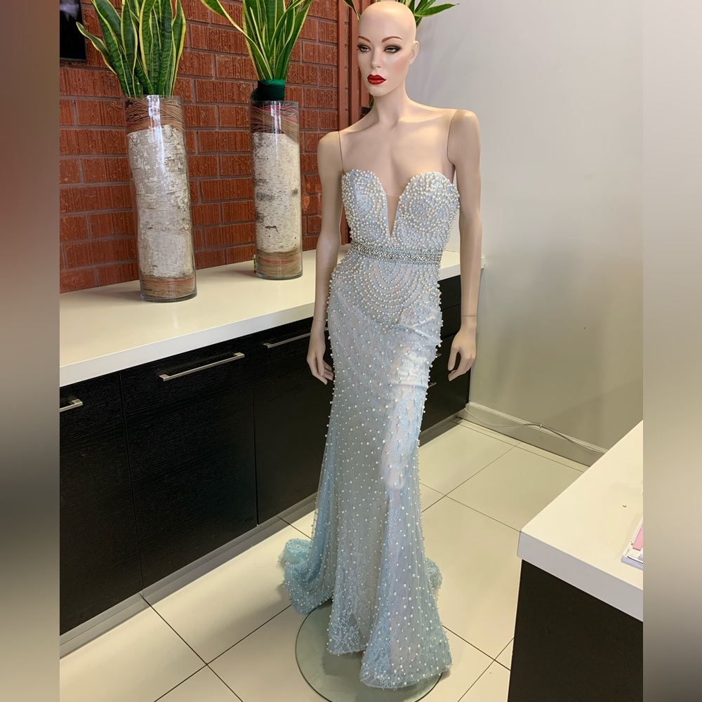 Mac Duggal Strapless Light Blue Beaded Dress #80595